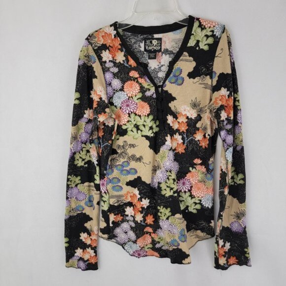 LUCKY BRAND Womens MEDIUM Thermal Shirt Asian Boho Retro Vintage Hippie Flower - Picture 1 of 14